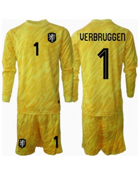 Paesi Bassi Bart Verbruggen #1 Portiere Maglia Gara Trasferta Repliche Europei 2024 Bambino Maniche Lunghe